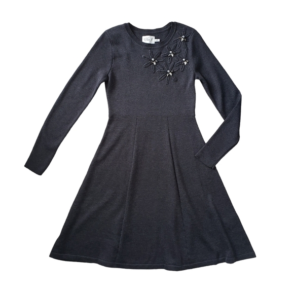 Eliza J Dark Gray Long Sleeve Fit & Flare Knit Dress With Embellishments - Picture 1 of 9